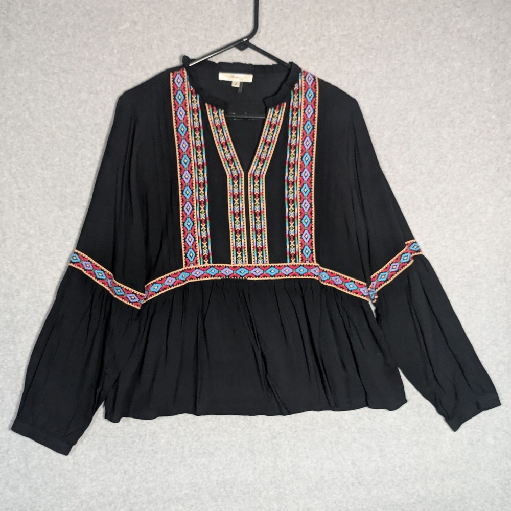 Andree by Unit Blouse Women Large Black Embroidered Boho Peasant Top Folk Hippie